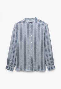 Langsleeve, knoop-shirts met verticale blauw-witte strepen en een bandkraag, plat gelegd op een witte achtergrond.