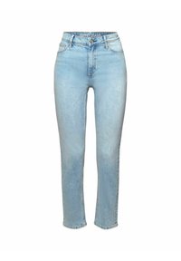 Jean en denim bleu clair avec une taille haute, une coupe droite et un design minimaliste. Il présente des coutures standard et une fermeture avant à bouton.