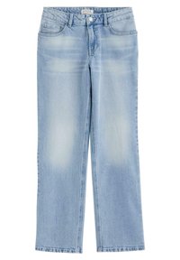 Lichtblauwe rechte jeans met een vervaagde afwerking, vijf zakken ontwerp en gestikte details. Gemaakt van denim met een klassieke snit.