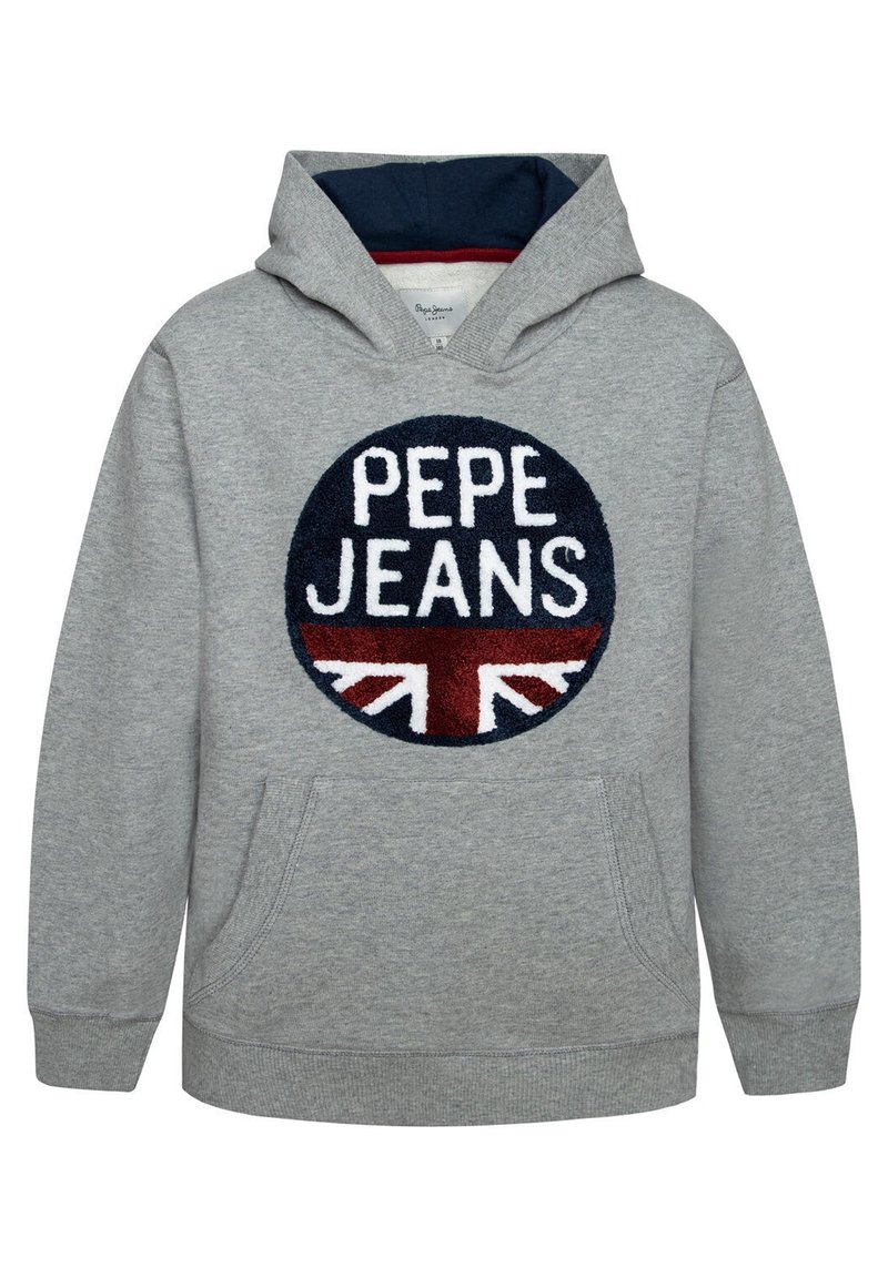 Felpa grigia con cappuccio, dalla texture morbida, che presenta un grande logo ricamato circolare con la scritta "PEPE JEANS" e un design della Union Jack.