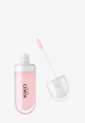 Gloss à lèvres Kiko Milano avec tube rectangulaire arrondi transparent, rempli de gloss rose clair et applicateur blanc avec embout rose.