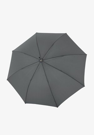 Grauer Regenschirm mit acht Speichen und einem glatten Stoffdach. Verfügt über eine zentrale Nabe mit einem schwarzen Knopf zum Öffnen und Schließen.