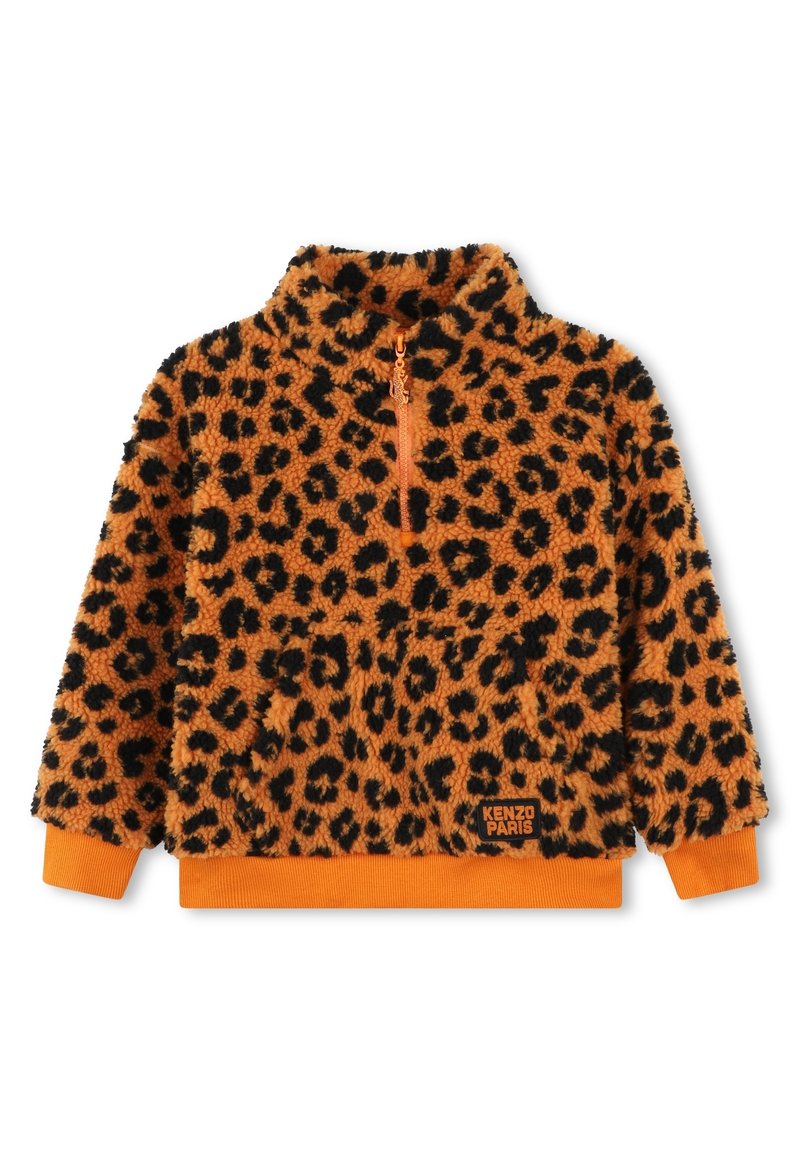 Leopard print pullover made of plush fabric; orange accents on cuffs and zipper; features a quarter zip and front pocket. KENZO PARIS label.