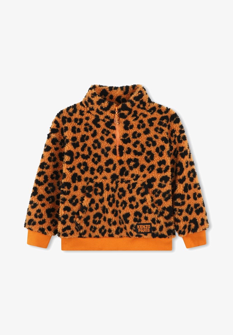 Leopard print pullover made of plush fabric; orange accents on cuffs and zipper; features a quarter zip and front pocket. KENZO PARIS label.