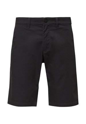 Zwarte shorts van middellange lengte met riemlussen, knoopsluiting en steekzakken aan de voorkant, ontworpen in een eenvoudige, casual stijl.