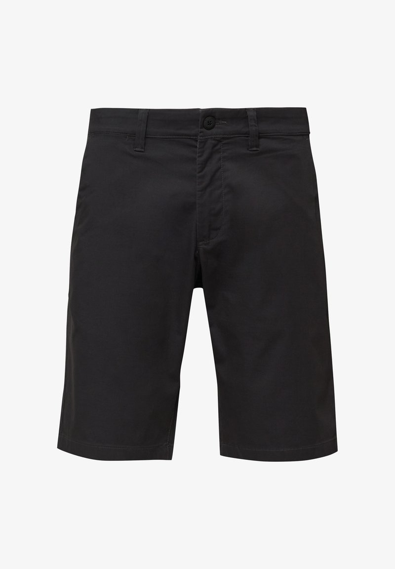 Zwarte shorts van middellange lengte met riemlussen, knoopsluiting en steekzakken aan de voorkant, ontworpen in een eenvoudige, casual stijl.