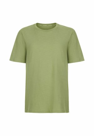 Effen licht olijfgroen katoenen T-shirt met korte mouwen, ronde hals en een reguliere pasvorm.