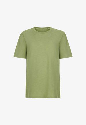 Ensfarvet lys olivengrøn kortærmet bomuldst-shirt med rund hals og almindelig pasform.