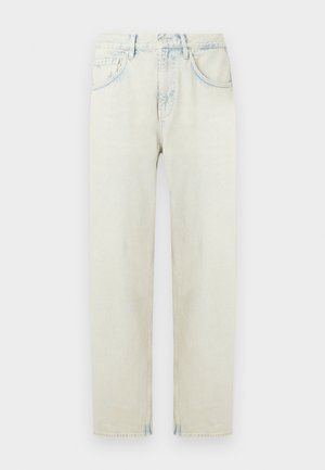 Blugi din denim bleu deschis, cu croială lejeră, design cu cinci buzunare și picioare drepte. Prezintă zone decolorate și detalii cusute.