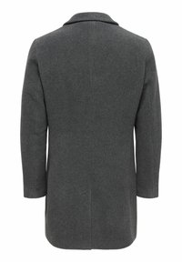 Manteau en laine grise à coupe droite, col à revers, manches longues, poches latérales et fente centrale au dos. Texture lisse, design classique.