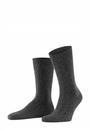 Gray socks made of a soft, textured fabric. Ribbed cuff and seamless toe design. Standard length with a smooth finish.