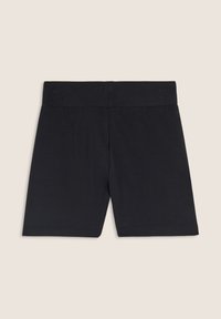 Pantaloni shorts neri in tessuto elastico con un ampio cinturino elastico, mostrati distesi su uno sfondo beige.