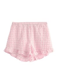 Rosa rutiga shorts med volangkant, elastisk midja och två sidfickor. Tillverkade av lättviktig tyg med ett rutmönster.