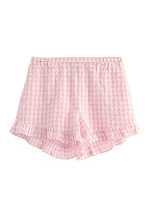 Rosa rutiga shorts med volangkant, elastisk midja och två sidfickor. Tillverkade av lättviktig tyg med ett rutmönster.