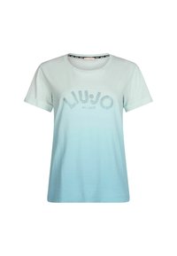 Camiseta de algodón azul claro con escote redondeado, mangas enrolladas y un logo 'LIU•JO MILANO' en un patrón de puntos en el pecho.
