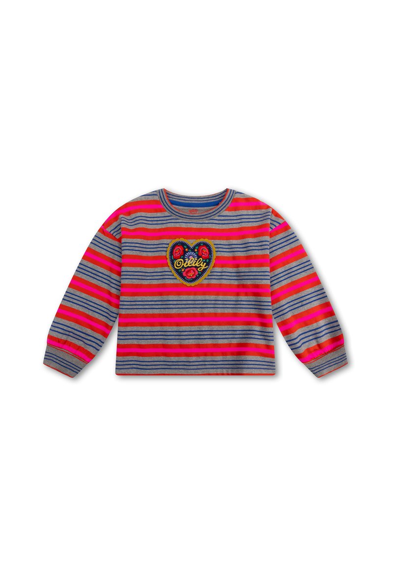 Gestreepte trui in grijs, roze en blauw, met een hartvormige borduursel en bloemdetails in het midden. Lange mouwen en een geribde halslijn.