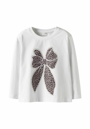 Camicia bianca a maniche lunghe con una grande grafica a forma di fiocco leopardato rosa e nero al centro. Materiale in cotone morbido con scollatura rotonda.