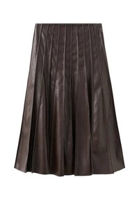 Falda midi de cuero marrón con diseño plisado, textura suave y forma estructurada, con pliegues profundos y color sólido y uniforme.