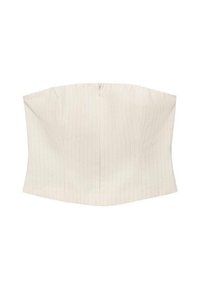 Hvid strapless top med lodrette striber, struktureret design og skjult lynlås lukning bagpå. Glat tekstur og skræddersyet pasform.