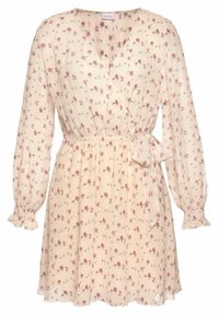Kukkakuvioinen kietaisumekko vaaleassa kremessä, jossa on pinkkejä ja vihreitä kuvioita. Ominaisuuksiin kuuluu pitkät hihat, vyötärölle sidottava nauha sekä frillatehtävät hihansuissa ja helmassa. Kevyt kangas.