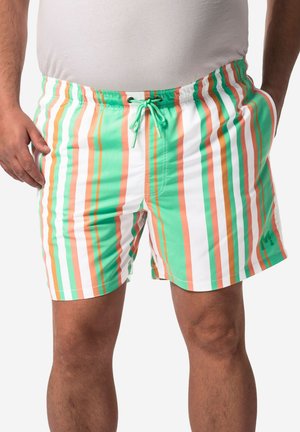 Bañador a rayas con colores verde, naranja y blanco, con cinturilla ajustable y un logo en el lado inferior. Fabricado con tejido ligero.