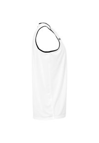 Top sportivo bianco senza maniche con rifiniture nere, caratterizzato da un collo rotondo e una texture liscia, progettato per l'abbigliamento atletico.