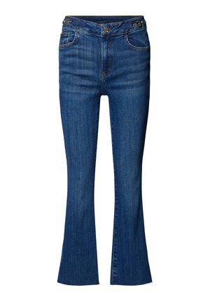 Jeans a zampa d'elefante in denim blu medio, con vita alta, due tasche frontali e bottoni decorativi in vita. Tessuto testurizzato.