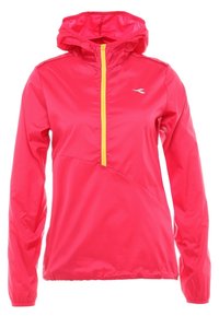 Pink windbreaker jacket with a zippered front, hood, and yellow zipper. Features a sleek, smooth texture and diagonal seam design.