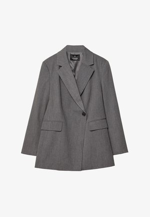 Grauer Blazer mit strukturiertem Design, scharfen Revers, einreihiger Knopfverschluss, zwei vorderen Taschen und glattem Innenfutter.