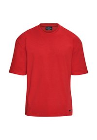 Camiseta corta de manga en rojo, hecha de algodón. Presenta un escote redondo y un dobladillo recto. Etiqueta visible en el interior del cuello. Sin patrones ni adornos.