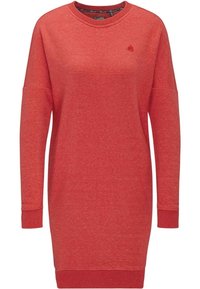 Robe sweatshirt rouge à manches longues, col rond et poignets côtelés. Tissu doux avec une finition texturée et un petit logo sur la poitrine.