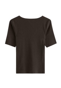 Top corto a maniche corte marrone scuro con scollatura ampia e rotonda, realizzato in un morbido tessuto a costine, caratterizzato da una vestibilità comoda e senza dettagli aggiuntivi.