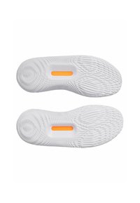 White sneaker insoles featuring a textured surface with a patterned design. Centered orange "UNDER ARMOUR" branding in a rectangular outline.