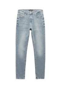 Jasnoniebieskie wąskie dżinsy wykonane z denimu, z talią o średnim stanie, pięcioma kieszeniami oraz subtelnymi przetarciami na udach.