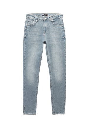 Hellblaue Skinny-Jeans aus Denim, mit mittelhoher Taille, fünf Taschen und dezenten Whiskering-Details an den Oberschenkeln.