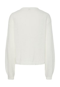 White sweater with a cropped design, long sleeves, and a ribbed neckline. Textured fabric, soft finish, and no visible fasteners or embellishments.
