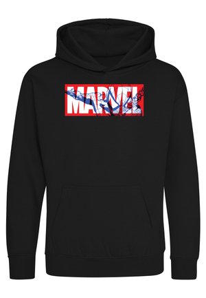 Czarna bluza z kapturem z czerwono-białym logo Marvel na piersi, z niebiesko-czarnym wzorem sieci i sylwetką Spider-Mana zintegrowanym z tekstem.