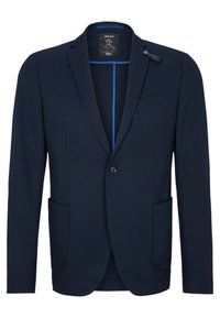 Marineblazer mit schlankem Design, ausgestattet mit einem knopf, zwei vorderen Taschen und kontrastfarbener blauer Naht entlang der Kanten.
