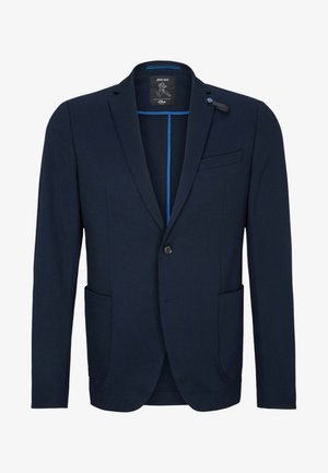 Marineblazer mit schlankem Design, ausgestattet mit einem knopf, zwei vorderen Taschen und kontrastfarbener blauer Naht entlang der Kanten.