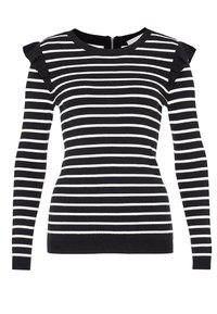 Svart och vit randig stickad tröja med långa ärmar, volangdetaljer vid axlarna och en dragkedja bak. Slät textur.