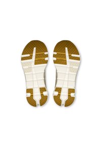 Rubber shoe soles with a textured pattern; white base with brown accents. Features multiple grooves and cutouts for flexibility and grip.