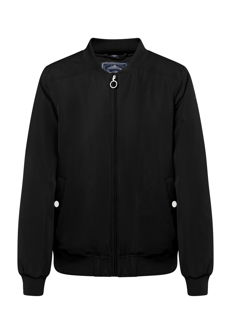 Schwarze Bomberjacke mit durchgehendem Reißverschluss, gerippten Bündchen, zwei Seitentaschen mit weißen Knöpfen und einer glatten Textur. Klassisches Design.