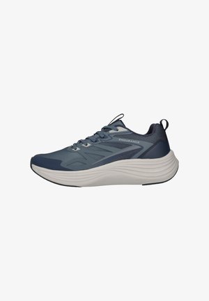 Chaussure de course gris foncé et bleu avec semelle blanche épaisse et rembourrée, lacets et texte "ENDURANCE" sur le côté.