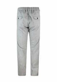Pantaloni grigi con vita elastica, due tasche posteriori e una texture liscia. Il design è a gamba dritta con una sottile lavorazione del tessuto.