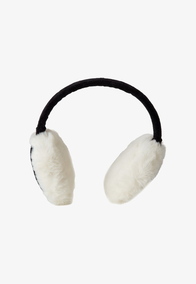 Orecchini in pelliccia sintetica con una fascia nera in tessuto, dotati di padiglioni auricolari bianchi in morbido peluche. Il design è soffice con una forma arrotondata per garantire comfort.