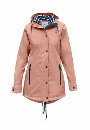 Light pink hooded rain jacket with black snap buttons, black zipper pockets, and striped navy blue and white hood lining.