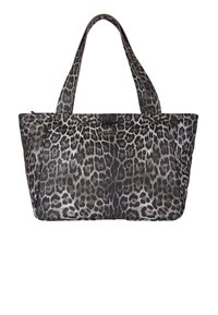Borsa tote con stampa leopardata, due manici robusti, forma rettangolare, materiale in tessuto e superficie testurizzata. Presenta un contrasto di colori scuri e chiari.