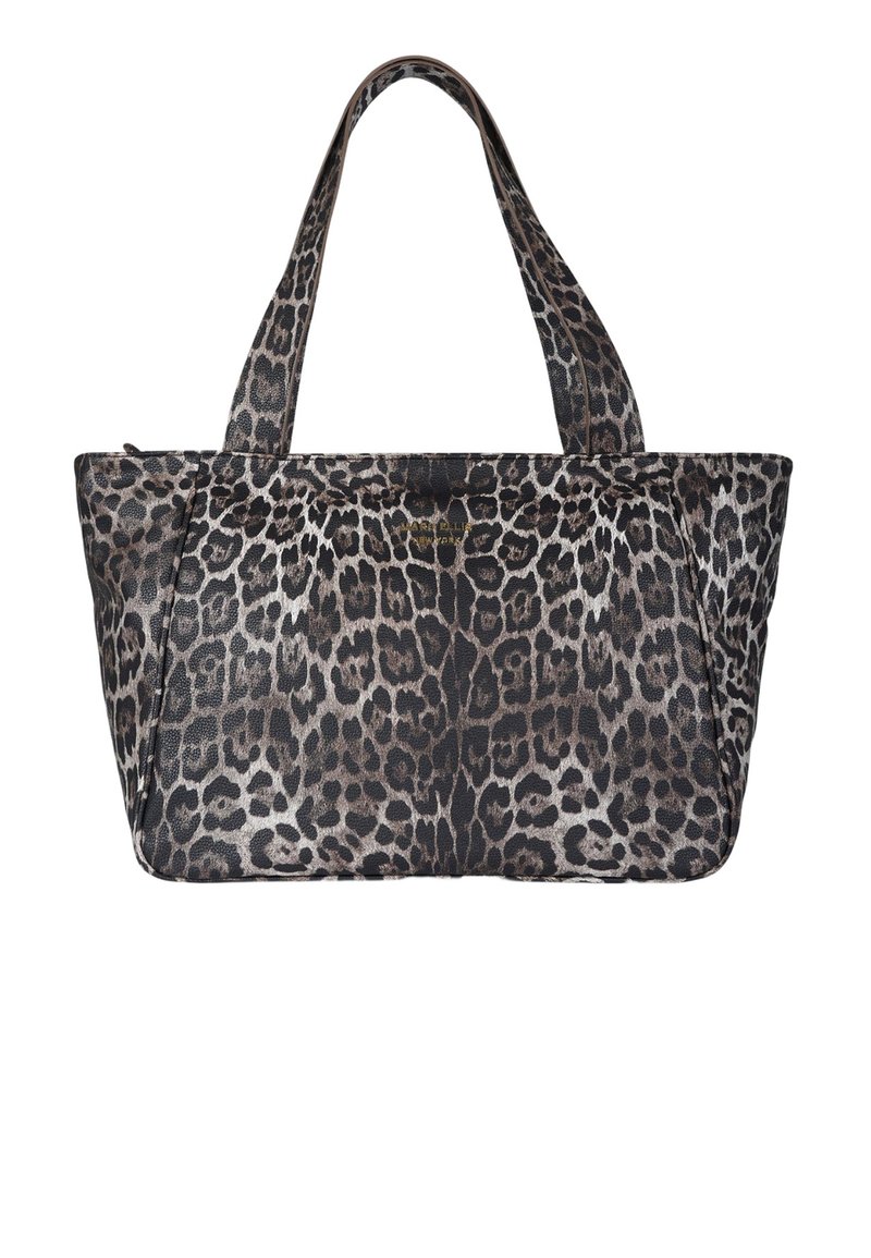 Borsa tote con stampa leopardata, due manici robusti, forma rettangolare, materiale in tessuto e superficie testurizzata. Presenta un contrasto di colori scuri e chiari.