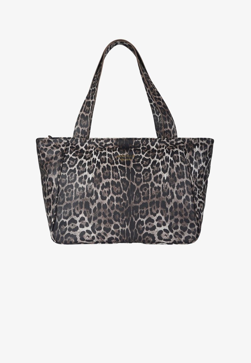 Borsa tote con stampa leopardata, due manici robusti, forma rettangolare, materiale in tessuto e superficie testurizzata. Presenta un contrasto di colori scuri e chiari.