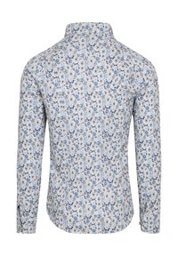 Bloemrijke lange mouw shirt met een lichtblauwe achtergrond, ingewikkelde blauwe en gele patronen, knoopmanchetten en een klassieke kraag.